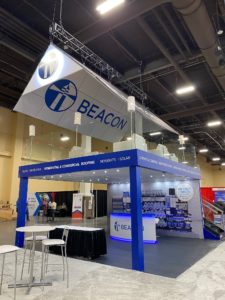 Double decker trade show booth from Beacon Building Products at International Roofing Expo IRE 2021 in Las Vegas Nevada